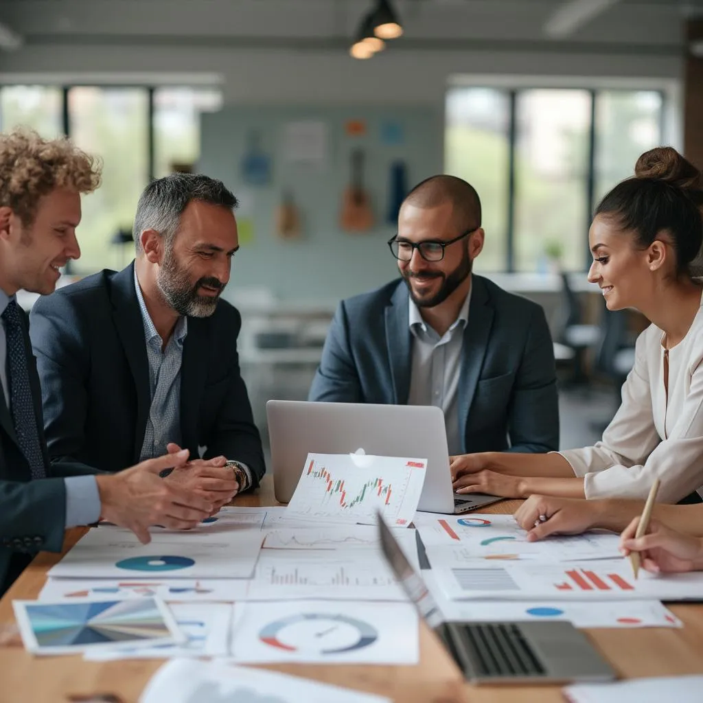 Equipo colaborando en estrategia financiera